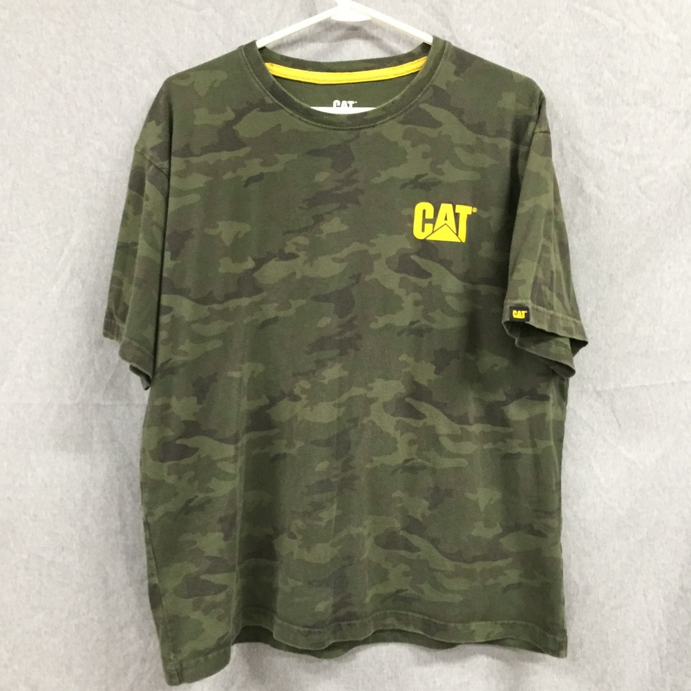 CAT‎ Caterpillar Mens XL Camo T-Shirt Green Camouflage Logo Workwear Tee Cotton